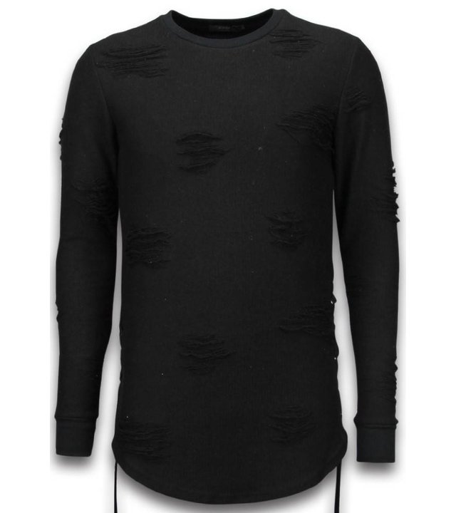 John H Destroyed Look Pullover - Side Laces Long Fit Sweatshirt - Schwarz