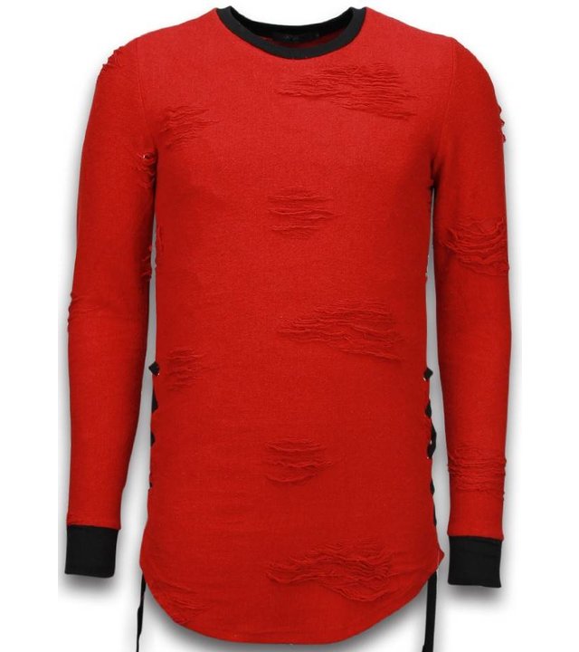 John H Destroyed Look Pullover - Side Laces Long Fit Sweatshirt - Rot