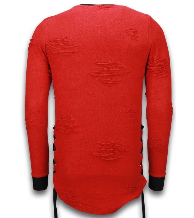 John H Destroyed Look Pullover - Side Laces Long Fit Sweatshirt - Rot