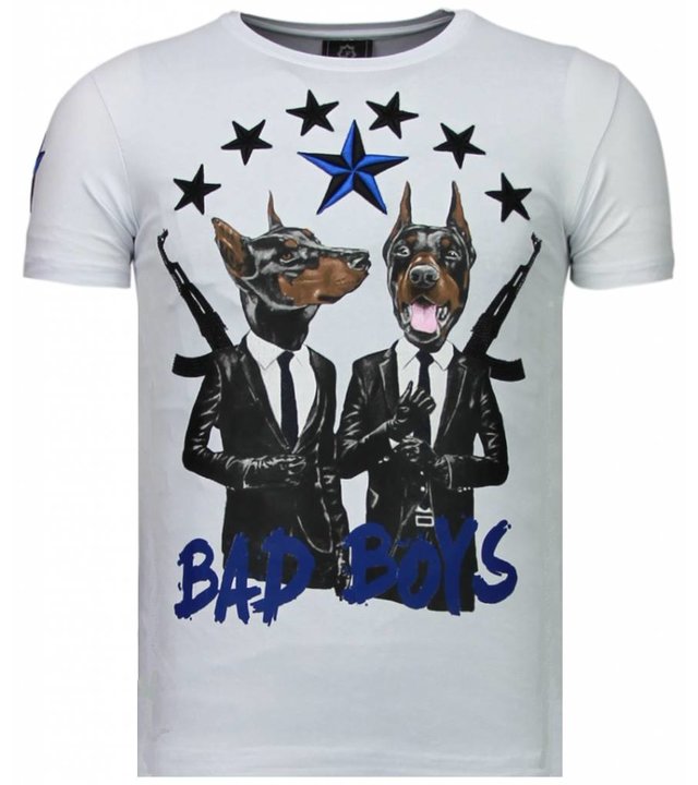 Local Fanatic Bad Boys Pinscher - Strass T Shirt Herren - Weiß