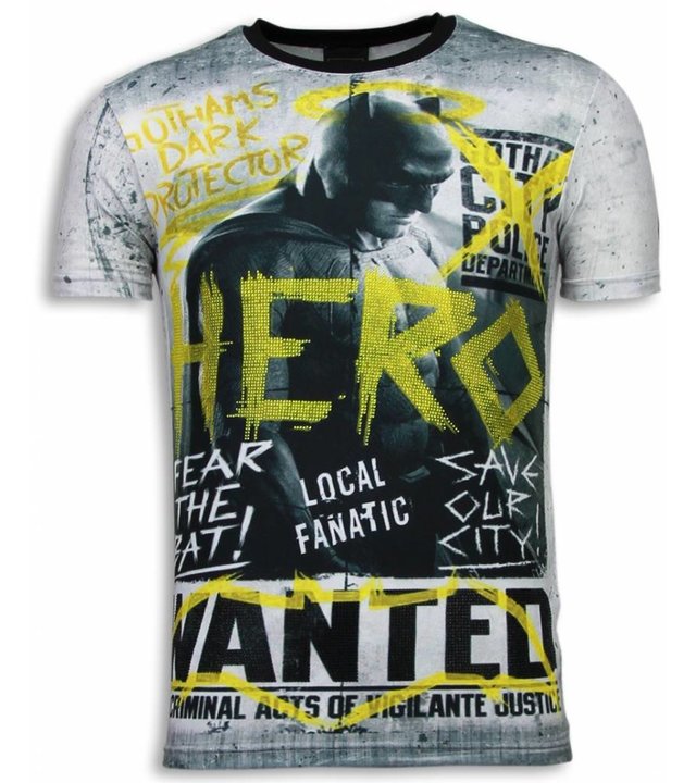 Local Fanatic Wanted Gothams Hero - Digital Strass T Shirt Herren - Grau