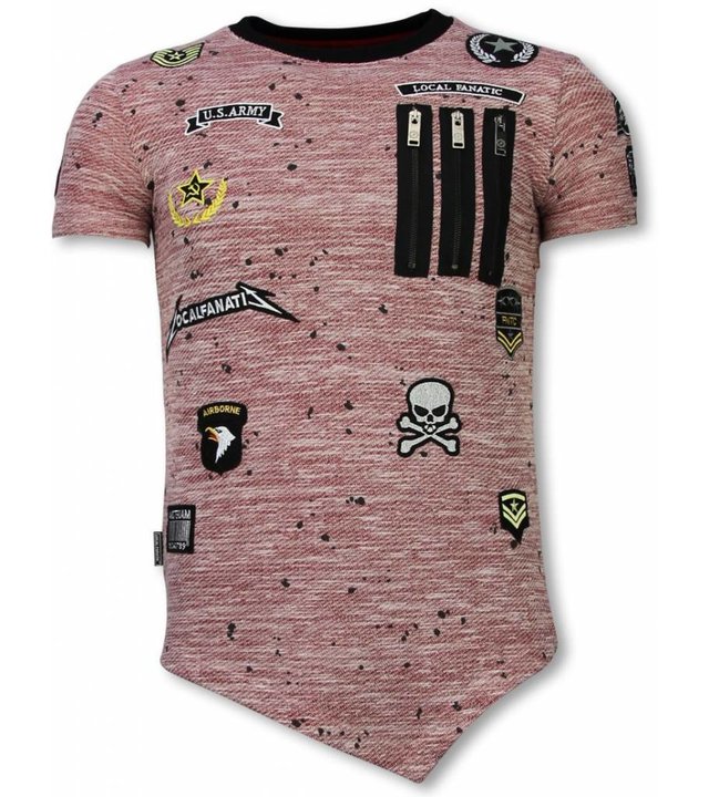 Local Fanatic Longfit Asymmetrische Stickerei - T-Shirt Aufnäher - US Army - Pink