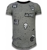 Local Fanatic Longfit Asymmetrische Stickerei - T-Shirt Patches - Rockstar - Grau