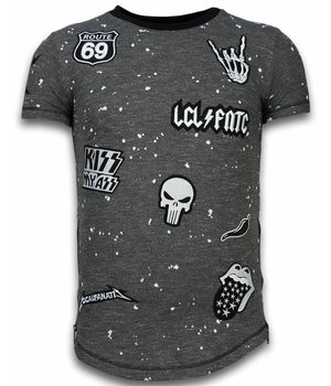 Local Fanatic Longfit Asymmetrische Stickerei - T-Shirt Patches - Rockstar - Schwarz