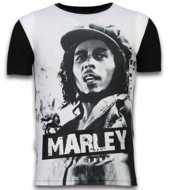 Local Fanatic Bob Marley Black And White - Digital Strass T-shirt - Schwarz
