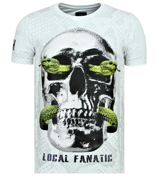 Local Fanatic Skull Snake Rhinestones - T shirt Totenkopf Herren - 6326W - Weiß