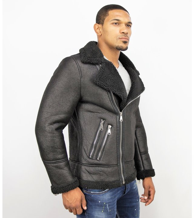 Frilivin Shearling Jacket- Lammfell Lederjacke Herren - Kunstpelz - Schwarz