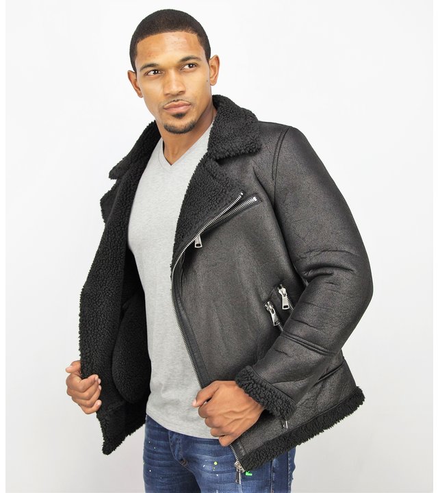 Frilivin Shearling Jacket- Lammfell Lederjacke Herren - Kunstpelz - Schwarz