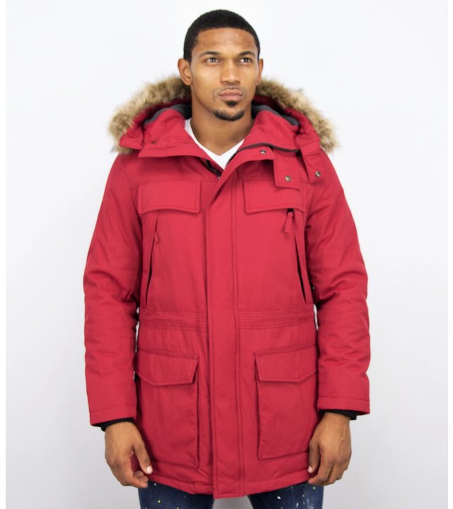 Enos Winterjacke Herren - Parka mit Fellkragen - Rot