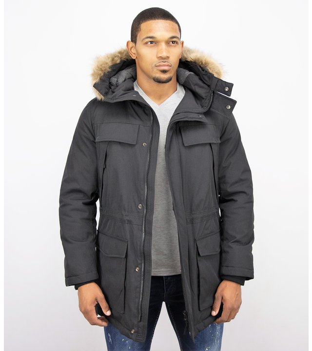 Enos Winterjacke Herren - Parka mit Fellkragen - Schwarz