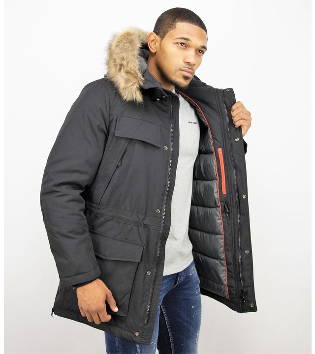 Enos Winterjacke Herren - Parka mit Fellkragen - Schwarz