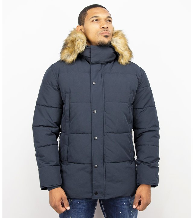 Enos Winterjacke Herren - Parka Lang mit Kunstfell Kragen - 4Pocet - Blau