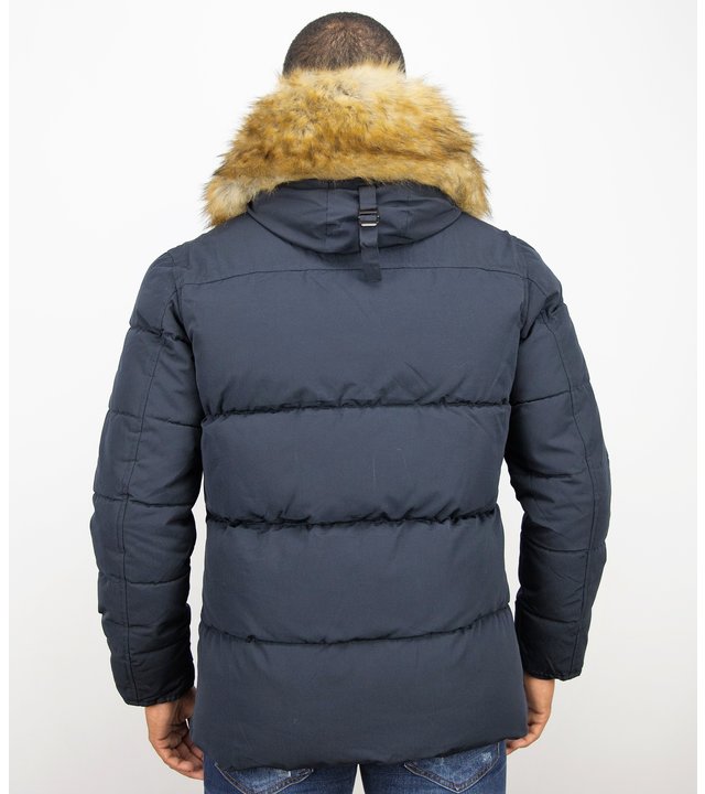 Enos Winterjacke Herren - Parka Lang mit Kunstfell Kragen - 4Pocet - Blau