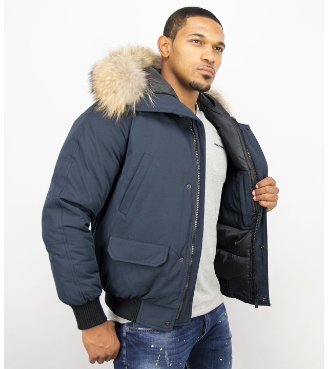 Enos Kurze Winterjacke Herren - Pelzkragen Bomberjacke - Blau