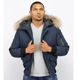 Enos Kurze Winterjacke Herren - Pelzkragen Bomberjacke - Blau