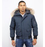 Enos Kurze Winterjacke Herren - Pelzkragen Bomberjacke - Blau