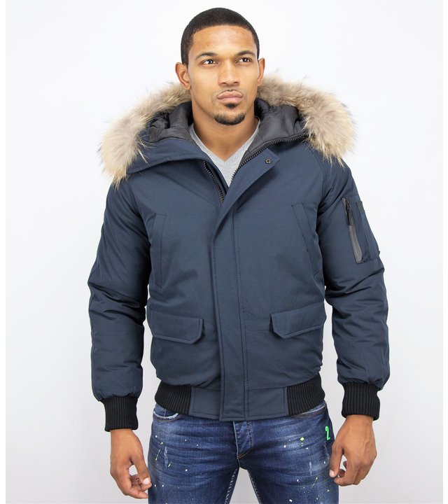 Enos Kurze Winterjacke Herren - Pelzkragen Bomberjacke - Blau