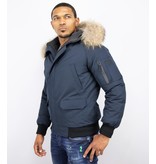 Enos Kurze Winterjacke Herren - Pelzkragen Bomberjacke - Blau