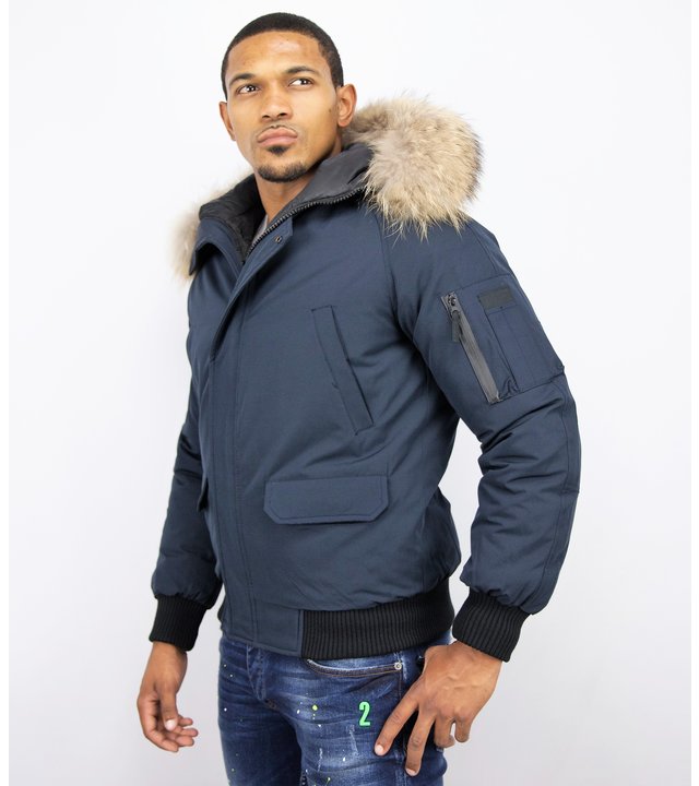 Enos Kurze Winterjacke Herren - Pelzkragen Bomberjacke - Blau