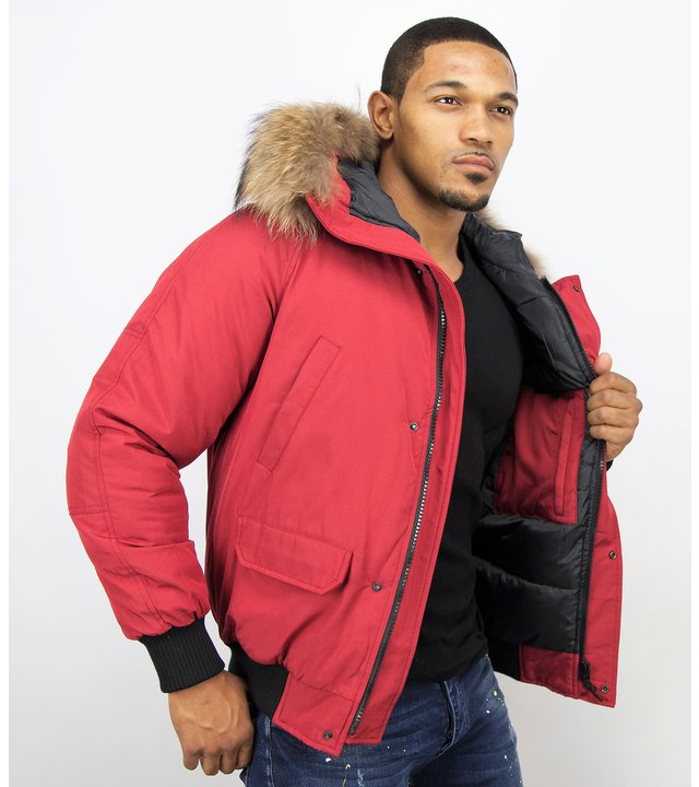 Enos Kurze Winterjacke Herren - Pelzkragen - Echtfell Jacke - Canada - Rot