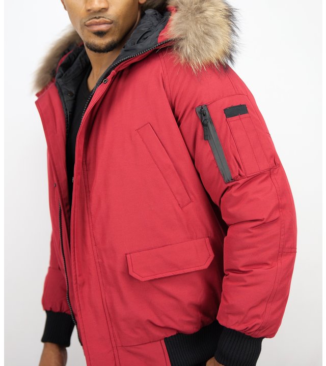 Enos Kurze Winterjacke Herren - Pelzkragen - Echtfell Jacke - Canada - Rot