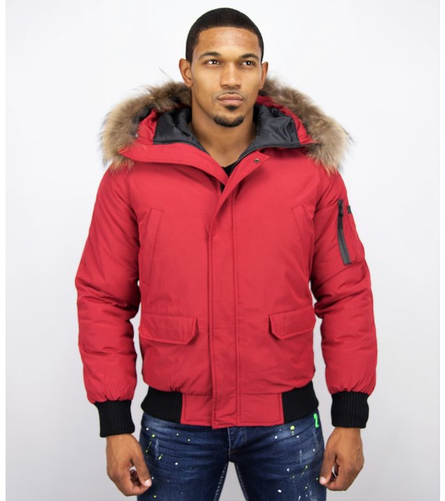 Enos Kurze Winterjacke Herren - Pelzkragen - Echtfell Jacke - Canada - Rot