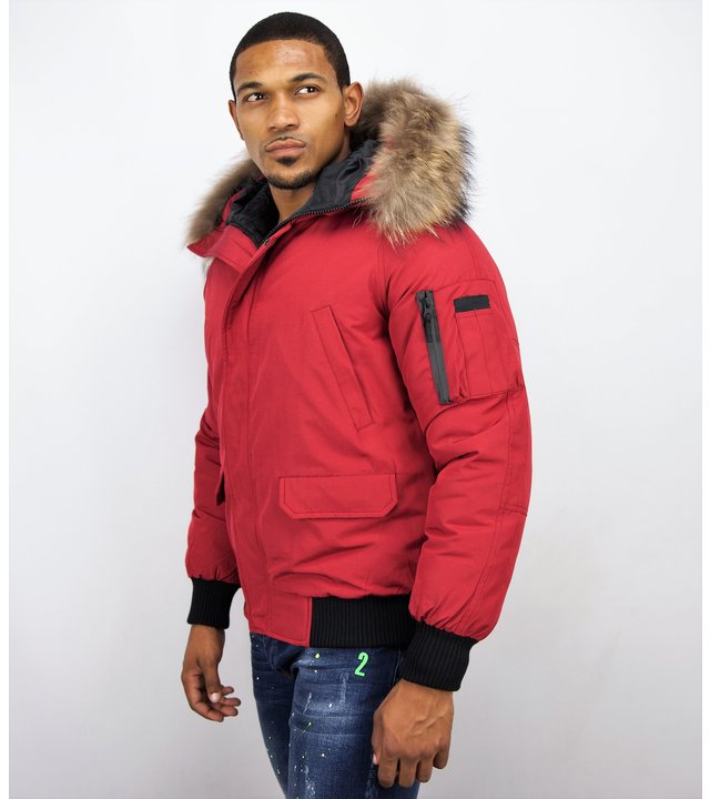 Enos Kurze Winterjacke Herren - Pelzkragen - Echtfell Jacke - Canada - Rot