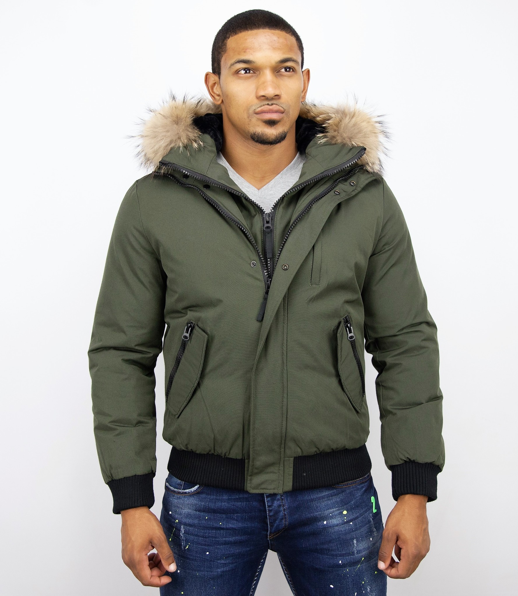 Winterjacke Grün Pelzkragen Echtfell Jacke Styleitaly.de