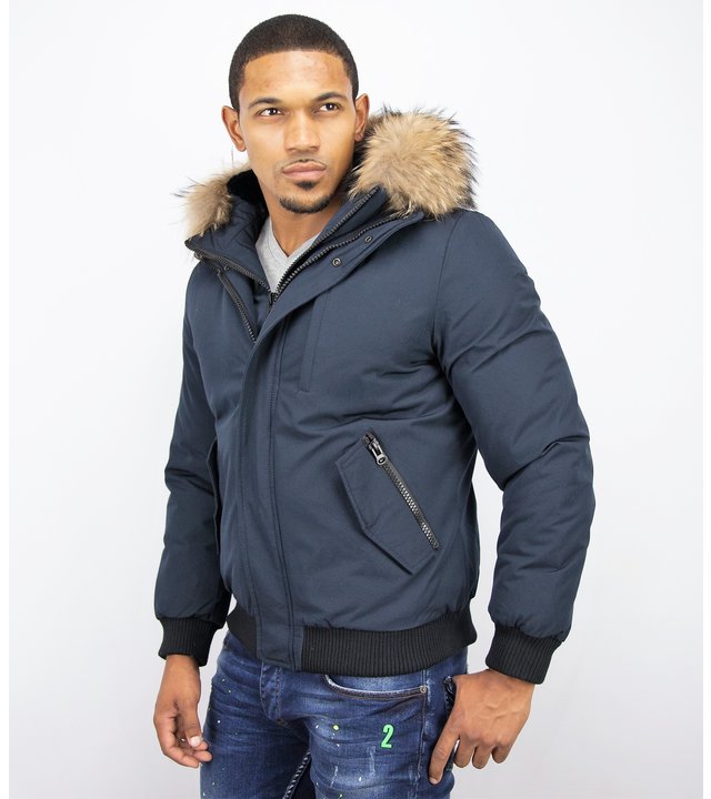 Enos Kurze Winterjacke Herren - Pelzkragen - Echtfell Jacke - Blau