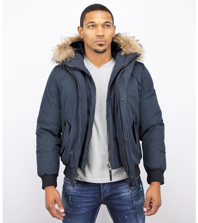 Enos Kurze Winterjacke Herren - Pelzkragen - Echtfell Jacke - Blau