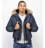 Enos Kurze Winterjacke Herren - Pelzkragen - Echtfell Jacke - Blau