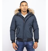 Enos Kurze Winterjacke Herren - Pelzkragen - Echtfell Jacke - Blau