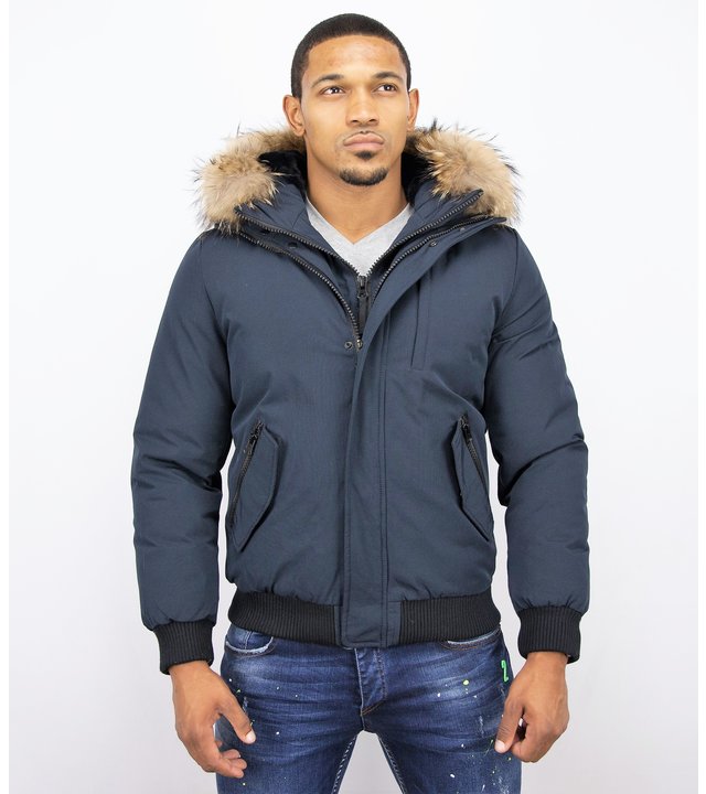 Enos Kurze Winterjacke Herren - Pelzkragen - Echtfell Jacke - Blau