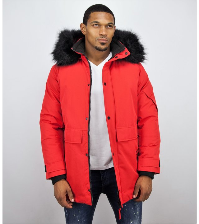 Enos Winterjacke Herren- Parka Lang mit Fellkragen - Rot