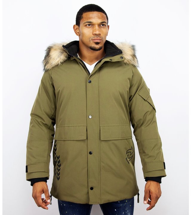 Enos Winterjacke Herren- Parka Lang mit Fellkragen - Grün