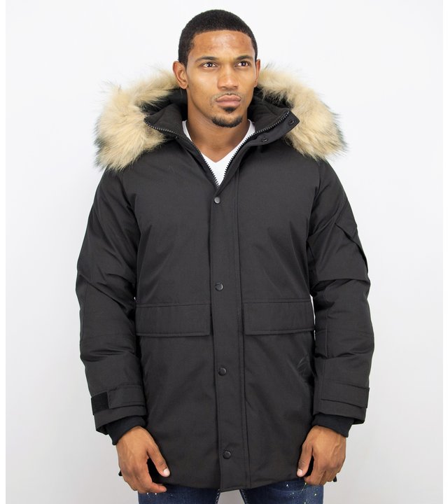 Enos Winterjacke Herren- Parka Lang mit Fellkragen - Schwarz