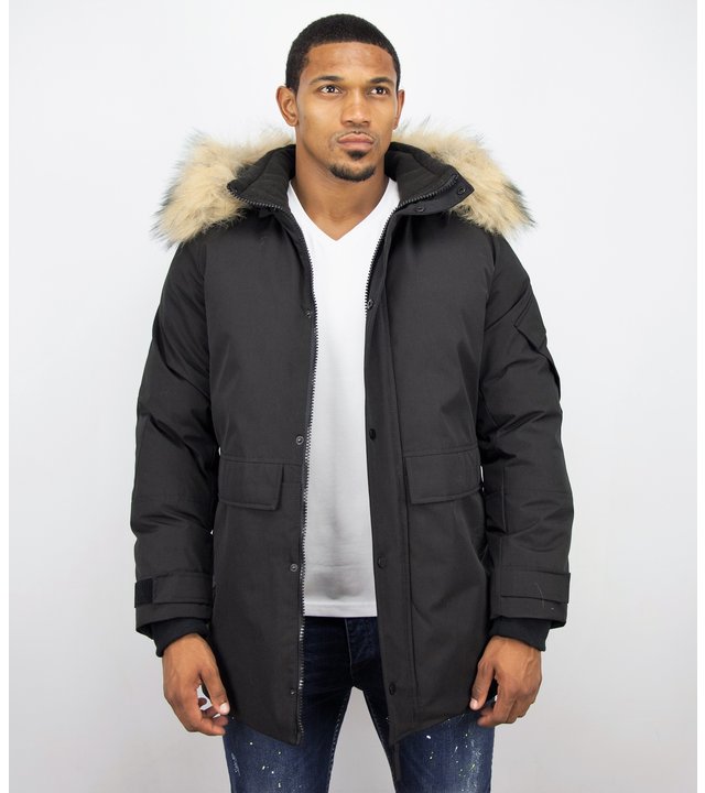 Enos Winterjacke Herren- Parka Lang mit Fellkragen - Schwarz