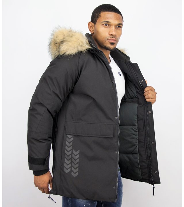 Enos Winterjacke Herren- Parka Lang mit Fellkragen - Schwarz