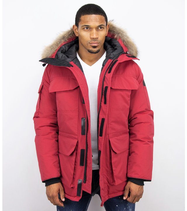 Beluomo Winterjacke Herren - Parka Lang mit Fellkragen - Expedition Parka - Rot