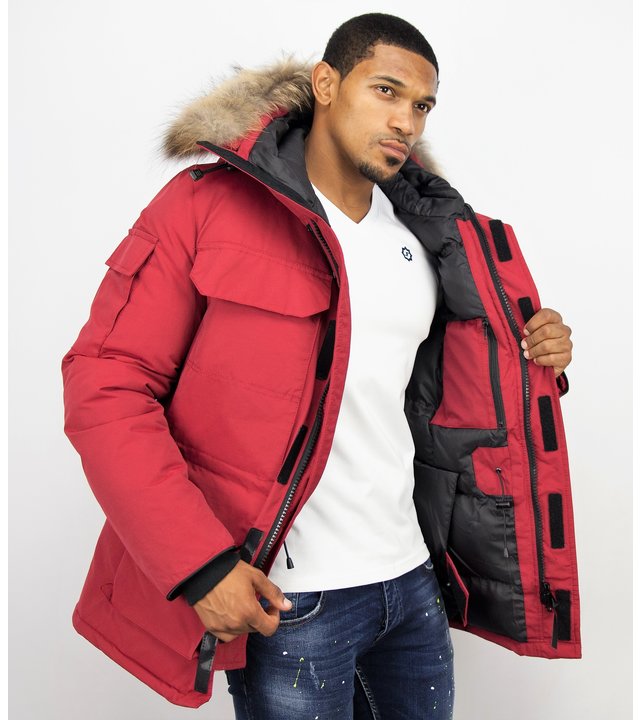 Beluomo Winterjacke Herren - Parka Lang mit Fellkragen - Expedition Parka - Rot