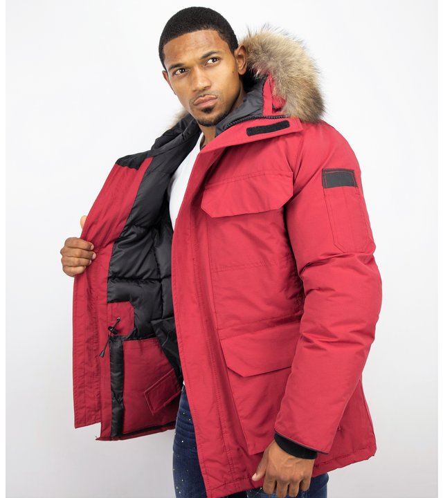 Beluomo Winterjacke Herren - Parka Lang mit Fellkragen - Expedition Parka - Rot