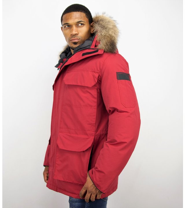 Beluomo Winterjacke Herren - Parka Lang mit Fellkragen - Expedition Parka - Rot