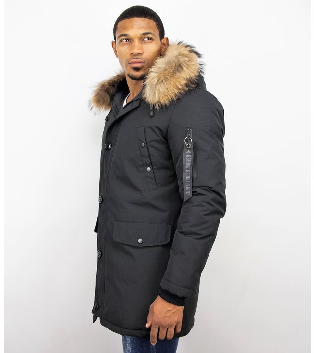 Enos Winterjacke Herren - Lange Jacke mit Fellkragen - Großer Pelzkragen - Parka - Schwarz