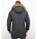 Enos Winterjacke Herren - Lange Jacke mit Fellkragen - Großer Pelzkragen - Parka - Schwarz