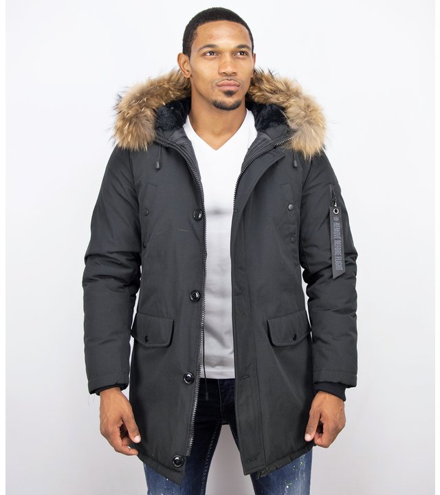 Enos Winterjacke Herren - Lange Jacke mit Fellkragen - Großer Pelzkragen - Parka - Schwarz