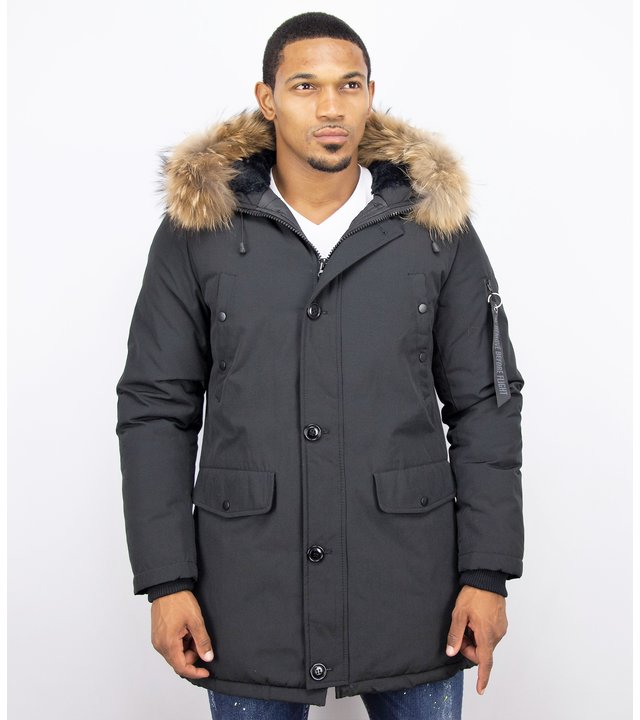 Enos Winterjacke Herren - Lange Jacke mit Fellkragen - Großer Pelzkragen - Parka - Schwarz