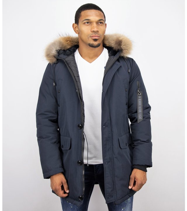 Enos Winterjacken Herren Lange mit Fellkragen- Große Pelzkragen - Parka - Blau