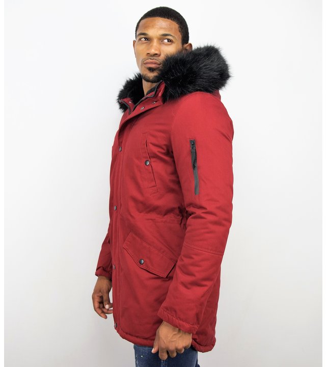 Enos Winterjacke Herren - Langer Parka mit Kunstfell Kragen - Kunstfellkragen - Army / Bordeaux Rot