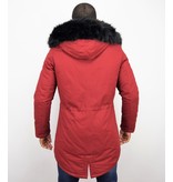 Enos Winterjacke Herren - Langer Parka mit Kunstfell Kragen - Kunstfellkragen - Army / Bordeaux Rot