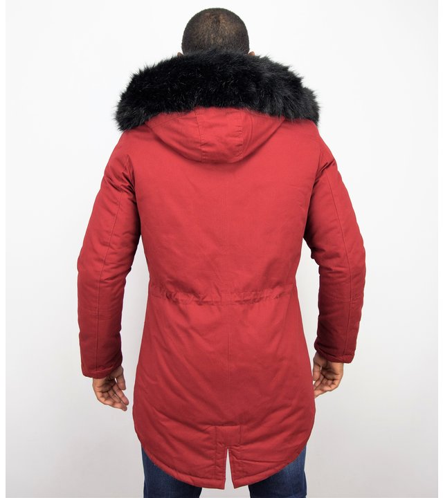 Enos Winterjacke Herren - Langer Parka mit Kunstfell Kragen - Kunstfellkragen - Army / Bordeaux Rot